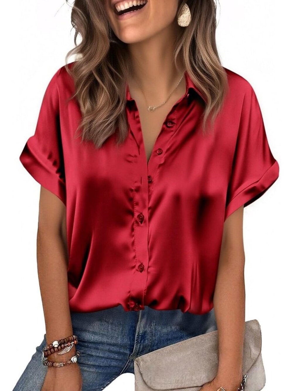 Women's Red Satin Silk Blouse Short Sleeve Button Down Collared Office Shirt